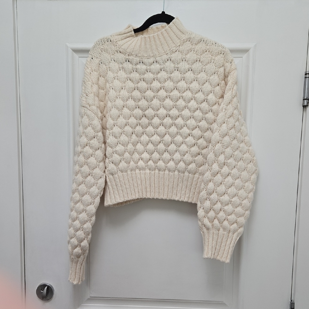 Monki Cream Textured Knit Turtleneck Sweater Wool Poly Blend